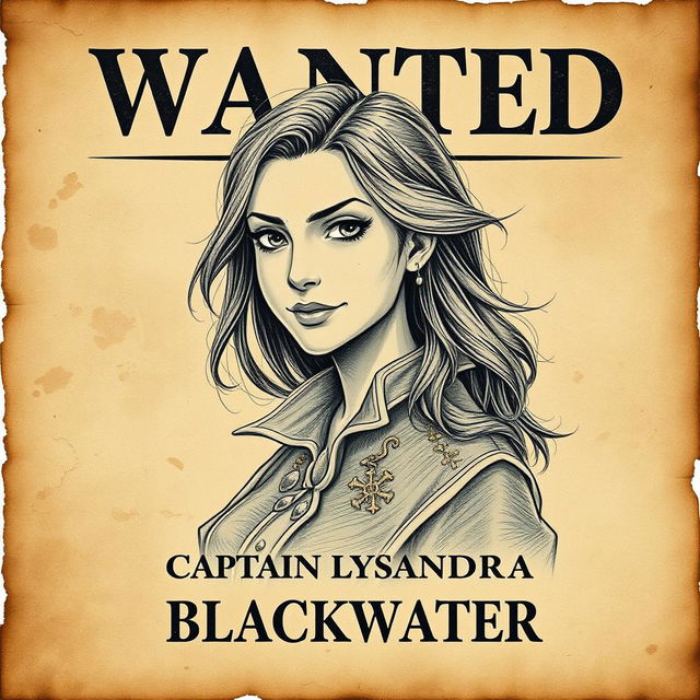 A vintage-style wanted poster featuring Captain Lysandra Blackwater, the cunning and charismatic pirate queen