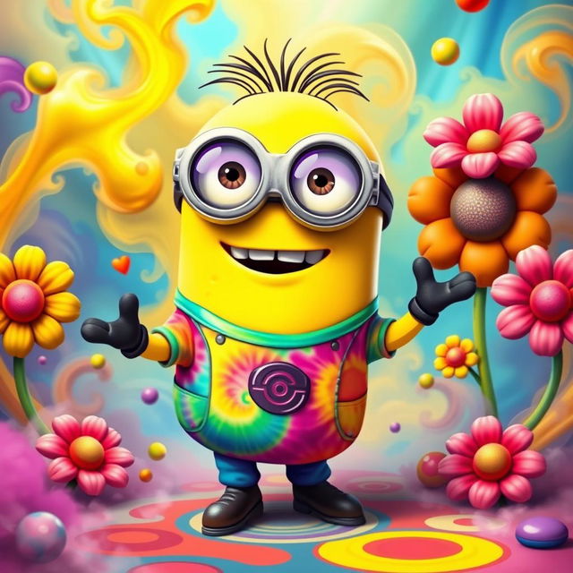 A whimsical cartoon character inspired by a minion, depicted as a quirky, colorful character with exaggerated features, wearing funky sunglasses and a tie-dye shirt