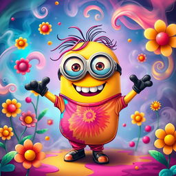 A whimsical cartoon character inspired by a minion, depicted as a quirky, colorful character with exaggerated features, wearing funky sunglasses and a tie-dye shirt
