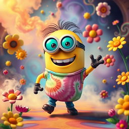 A whimsical cartoon character inspired by a minion, depicted as a quirky, colorful character with exaggerated features, wearing funky sunglasses and a tie-dye shirt