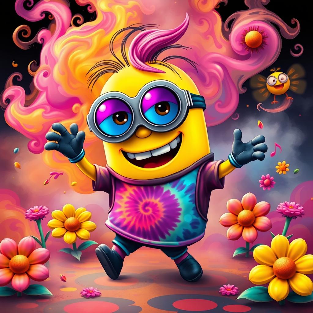 A whimsical cartoon character inspired by a minion, depicted as a quirky, colorful character with exaggerated features, wearing funky sunglasses and a tie-dye shirt