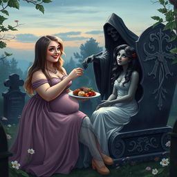 A very fat, round, beautiful, attractive young woman with bright blond hair, dressed in an elegant, flowing dress, is joyfully feeding a plate of delicious food to a stunning dark-haired woman with captivating crystal blue eyes