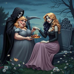 A very fat, round, beautiful, attractive young woman with bright blond hair, dressed in an elegant, flowing dress, is joyfully feeding a plate of delicious food to a stunning dark-haired woman with captivating crystal blue eyes