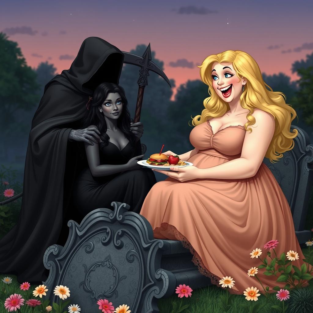 A very fat, round, beautiful, attractive young woman with bright blond hair, dressed in an elegant, flowing dress, is joyfully feeding a plate of delicious food to a stunning dark-haired woman with captivating crystal blue eyes