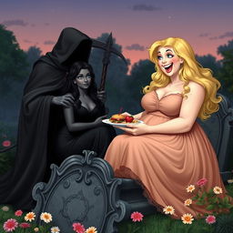 A very fat, round, beautiful, attractive young woman with bright blond hair, dressed in an elegant, flowing dress, is joyfully feeding a plate of delicious food to a stunning dark-haired woman with captivating crystal blue eyes