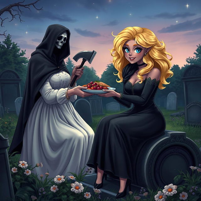 A very fat, round, beautiful, attractive young woman with bright blond hair, dressed in an elegant, flowing dress, is joyfully feeding a plate of delicious food to a stunning dark-haired woman with captivating crystal blue eyes