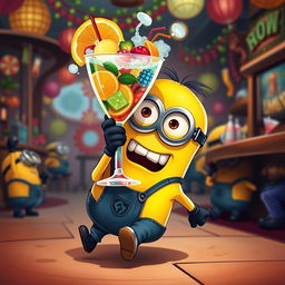 A whimsical, cartoonish depiction of a Minion getting drunk, playfully stumbling with a silly expression