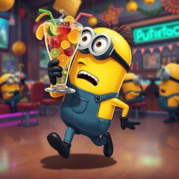 A whimsical, cartoonish depiction of a Minion getting drunk, playfully stumbling with a silly expression