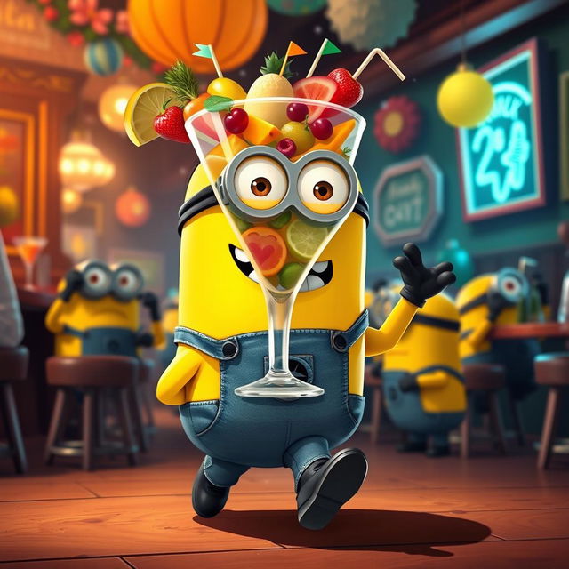 A whimsical, cartoonish depiction of a Minion getting drunk, playfully stumbling with a silly expression