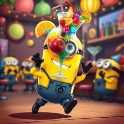 A whimsical, cartoonish depiction of a Minion getting drunk, playfully stumbling with a silly expression