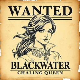 A vintage-style wanted poster featuring Captain Lysandra Blackwater, the cunning and charismatic pirate queen
