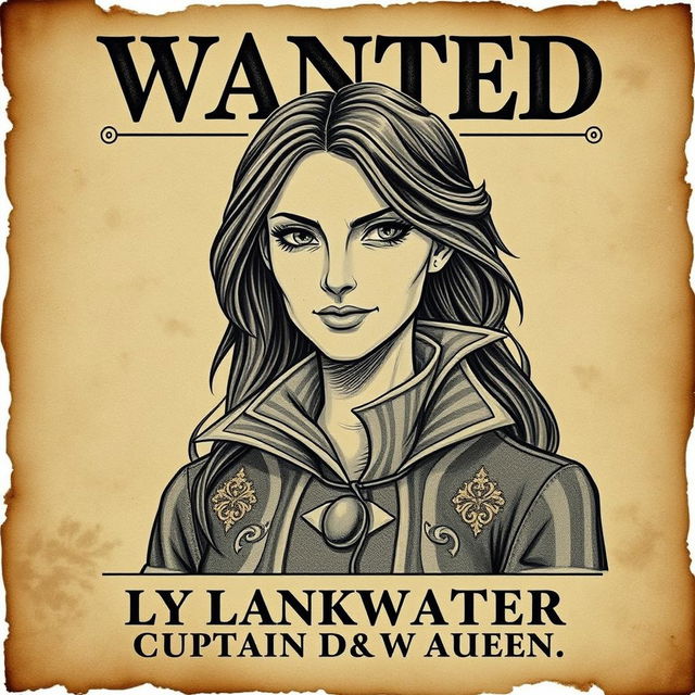 A vintage-style wanted poster featuring Captain Lysandra Blackwater, the cunning and charismatic pirate queen