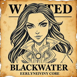 A vintage-style wanted poster featuring Captain Lysandra Blackwater, the cunning and charismatic pirate queen
