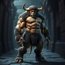 A muscular Minotaur character, standing 170 cm tall and weighing 94 kg, featuring brown eyes and thick fur
