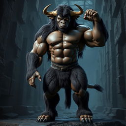 A muscular Minotaur character, standing 170 cm tall and weighing 94 kg, featuring brown eyes and thick fur