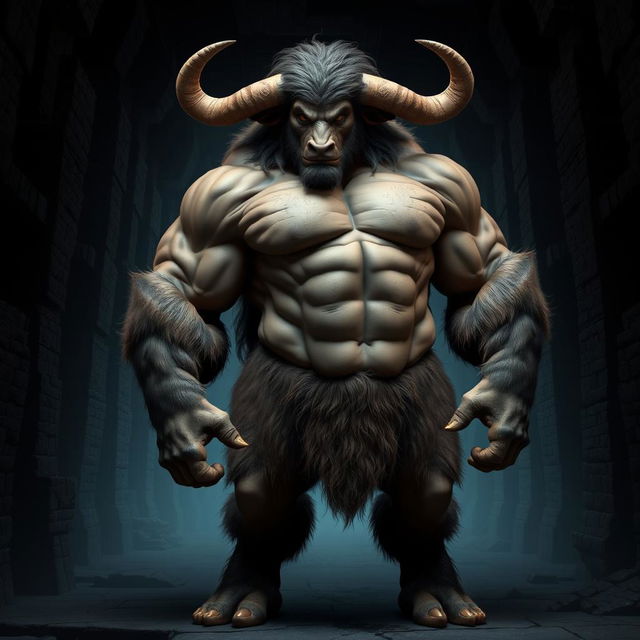 A muscular Minotaur character, standing 170 cm tall and weighing 94 kg, featuring brown eyes and thick fur