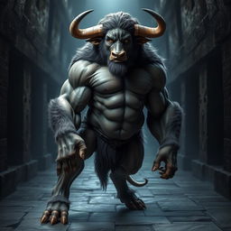 A muscular Minotaur character, standing 170 cm tall and weighing 94 kg, featuring brown eyes and thick fur