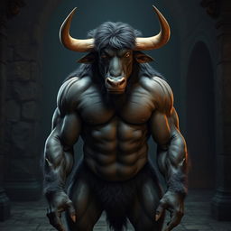 A muscular Minotaur standing at 170 cm tall and weighing 94 kg