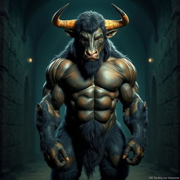 A muscular Minotaur standing at 170 cm tall and weighing 94 kg
