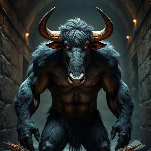 A muscular Minotaur standing at 170 cm tall and weighing 94 kg