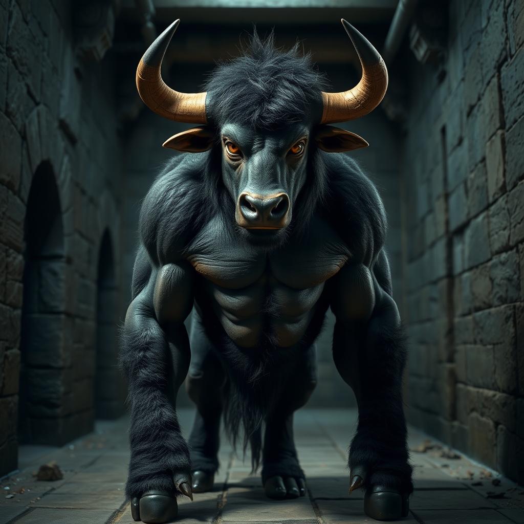 A muscular Minotaur standing at 170 cm tall and weighing 94 kg