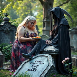 A photographic image capturing a very fat, round, beautiful, attractive young woman with vibrant blond hair, wearing a flowing, colorful dress, lovingly feeding a plate of food to a stunning, attractive dark-haired woman with crystal blue eyes