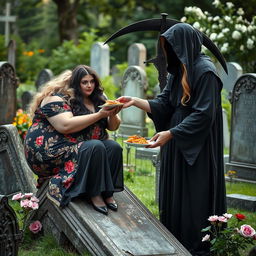 A photographic image capturing a very fat, round, beautiful, attractive young woman with vibrant blond hair, wearing a flowing, colorful dress, lovingly feeding a plate of food to a stunning, attractive dark-haired woman with crystal blue eyes