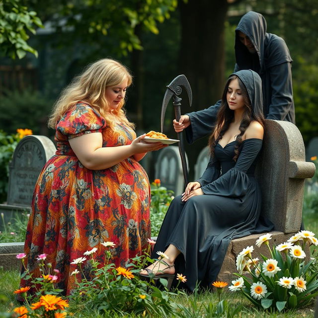 A photographic image capturing a very fat, round, beautiful, attractive young woman with vibrant blond hair, wearing a flowing, colorful dress, lovingly feeding a plate of food to a stunning, attractive dark-haired woman with crystal blue eyes