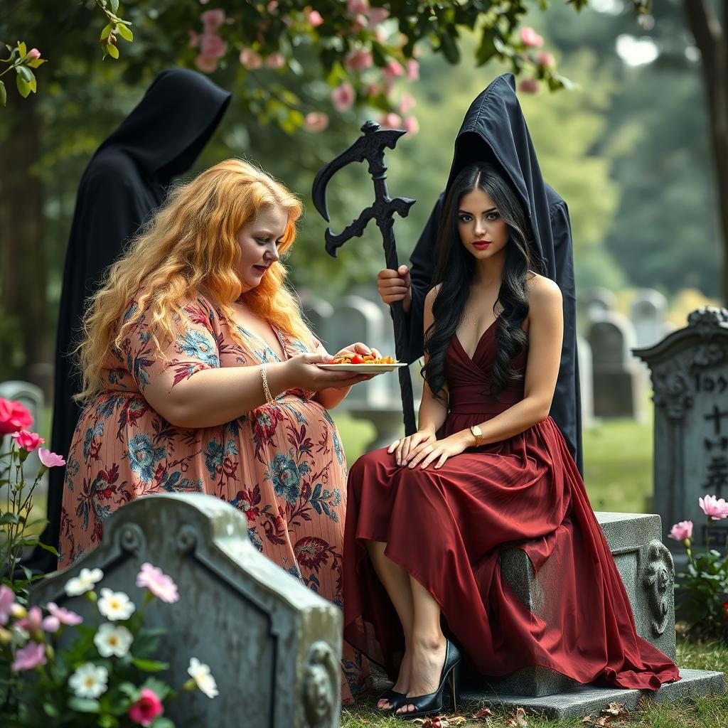 A photographic image capturing a very fat, round, beautiful, attractive young woman with vibrant blond hair, wearing a flowing, colorful dress, lovingly feeding a plate of food to a stunning, attractive dark-haired woman with crystal blue eyes