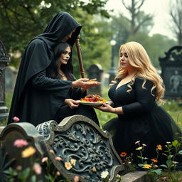 A photographic image of a very fat, shapely, round, beautiful, attractive young woman with bright blond hair, dressed in stylish black clothing, lovingly feeding a plate of delectable food to a gorgeous dark-haired woman with striking crystal blue eyes