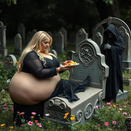 A photographic image of a very fat, shapely, round, beautiful, attractive young woman with bright blond hair, dressed in stylish black clothing, lovingly feeding a plate of delectable food to a gorgeous dark-haired woman with striking crystal blue eyes