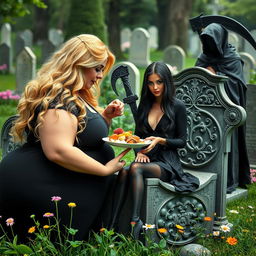A photographic image of a very fat, shapely, round, beautiful, attractive young woman with bright blond hair, dressed in stylish black clothing, lovingly feeding a plate of delectable food to a gorgeous dark-haired woman with striking crystal blue eyes