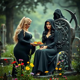 A photographic image of a very fat, shapely, round, beautiful, attractive young woman with bright blond hair, dressed in stylish black clothing, lovingly feeding a plate of delectable food to a gorgeous dark-haired woman with striking crystal blue eyes