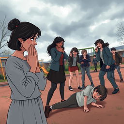 A poignant scene capturing a sad mother with tears in her eyes as she watches a group of bullies physically attacking a young boy in a school playground