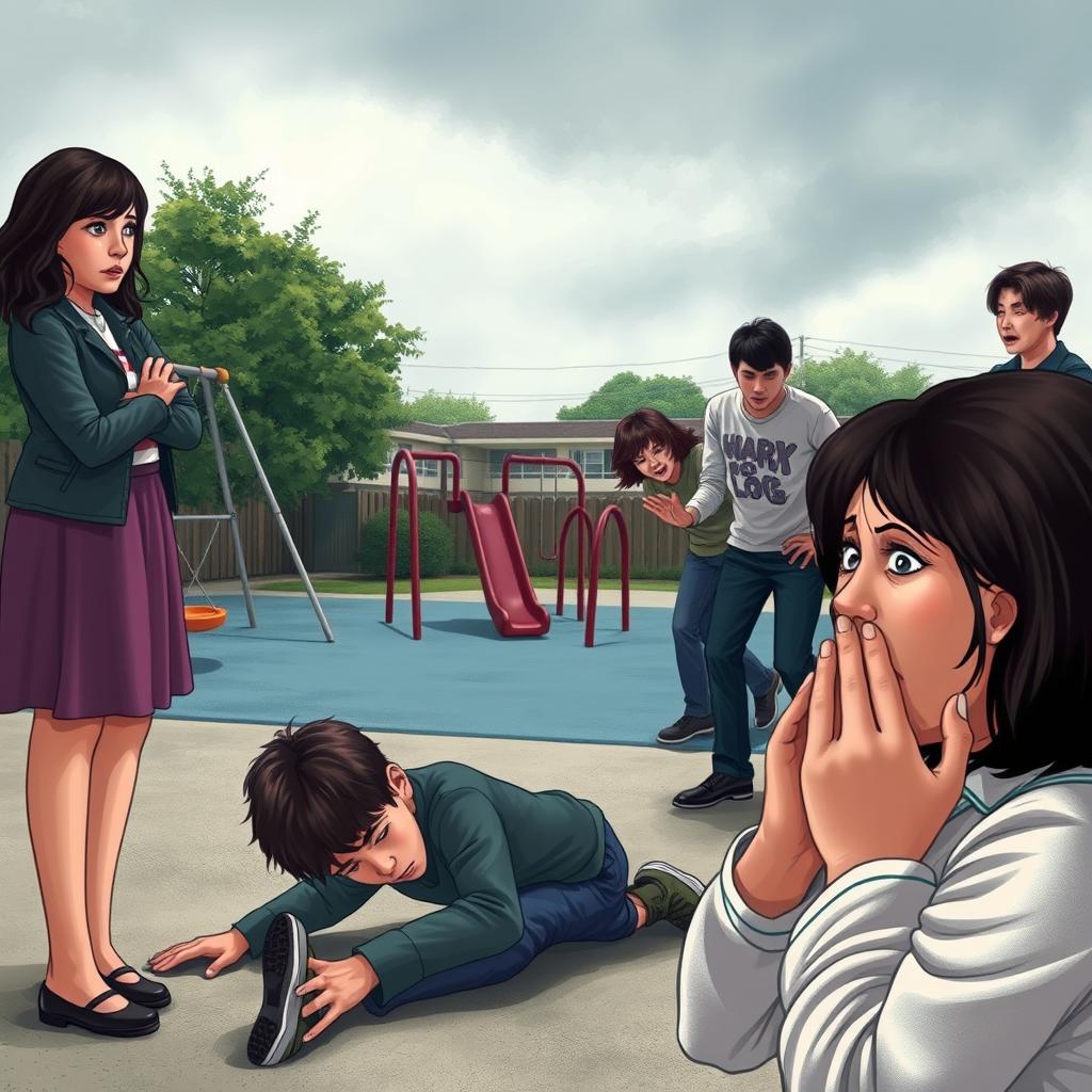 A poignant scene capturing a sad mother with tears in her eyes as she watches a group of bullies physically attacking a young boy in a school playground