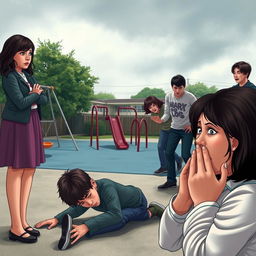 A poignant scene capturing a sad mother with tears in her eyes as she watches a group of bullies physically attacking a young boy in a school playground