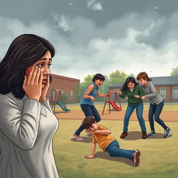 A poignant scene capturing a sad mother with tears in her eyes as she watches a group of bullies physically attacking a young boy in a school playground