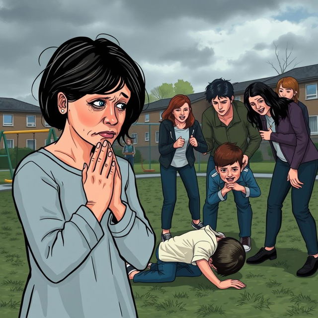 A poignant scene capturing a sad mother with tears in her eyes as she watches a group of bullies physically attacking a young boy in a school playground