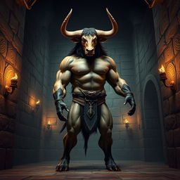 A majestic Minotaur standing at 170 cm tall and weighing 94 kg, possessing brown eyes and a more human-like appearance