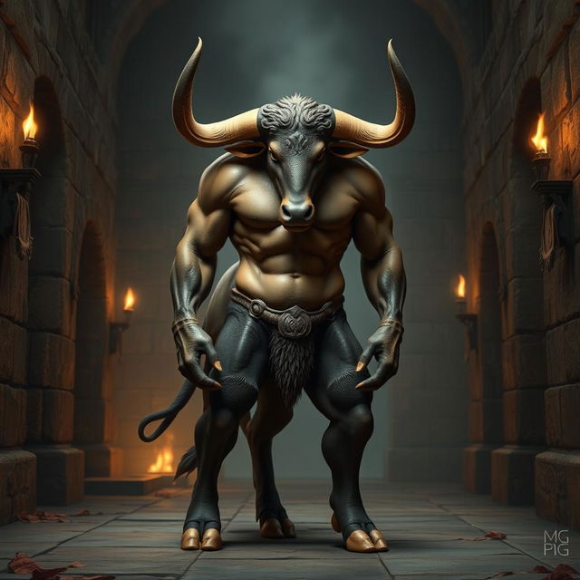 A majestic Minotaur standing at 170 cm tall and weighing 94 kg, possessing brown eyes and a more human-like appearance