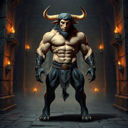 A majestic Minotaur standing at 170 cm tall and weighing 94 kg, possessing brown eyes and a more human-like appearance