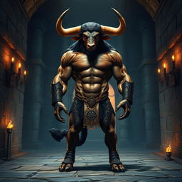 A majestic Minotaur standing at 170 cm tall and weighing 94 kg, possessing brown eyes and a more human-like appearance