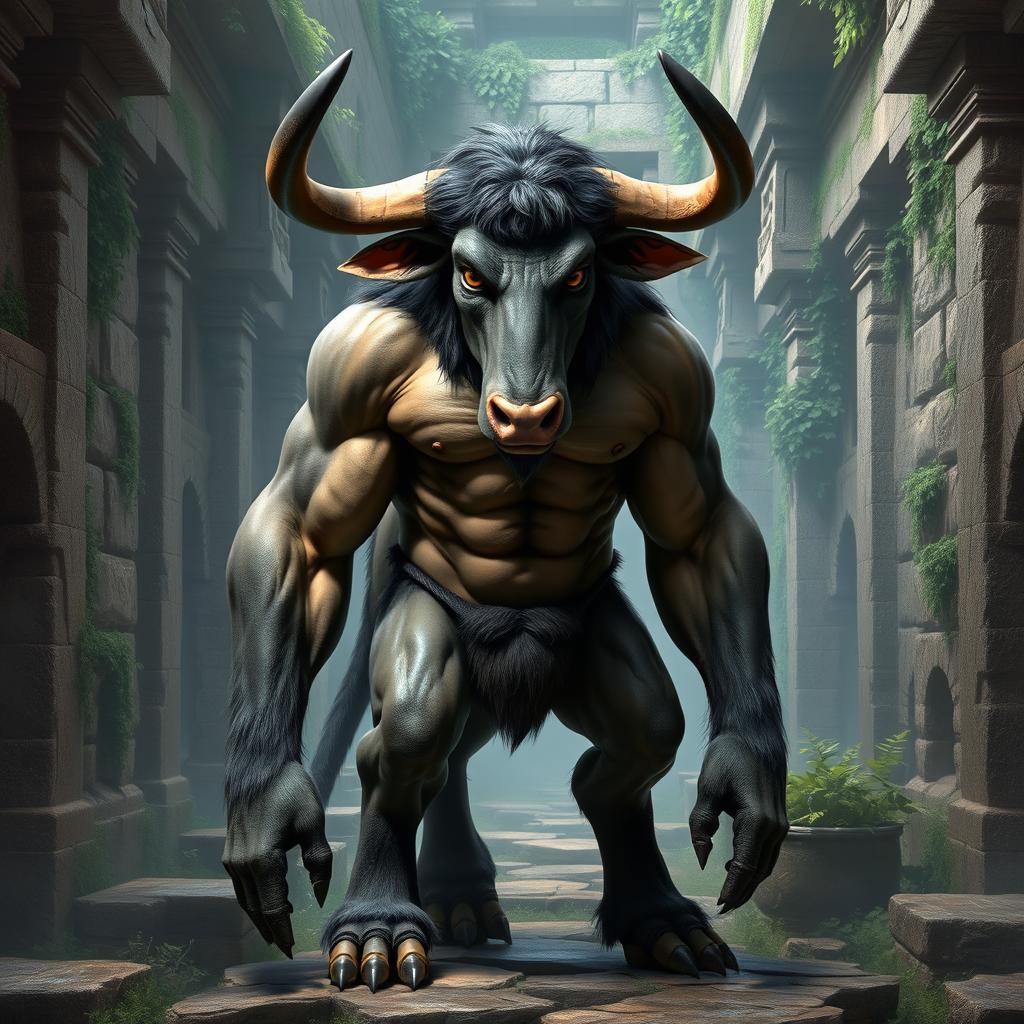 A realistic and detailed depiction of a Minotaur, standing 170 cm tall and weighing 94 kg