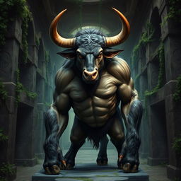 A realistic and detailed depiction of a Minotaur, standing 170 cm tall and weighing 94 kg