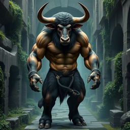 A realistic and detailed depiction of a Minotaur, standing 170 cm tall and weighing 94 kg