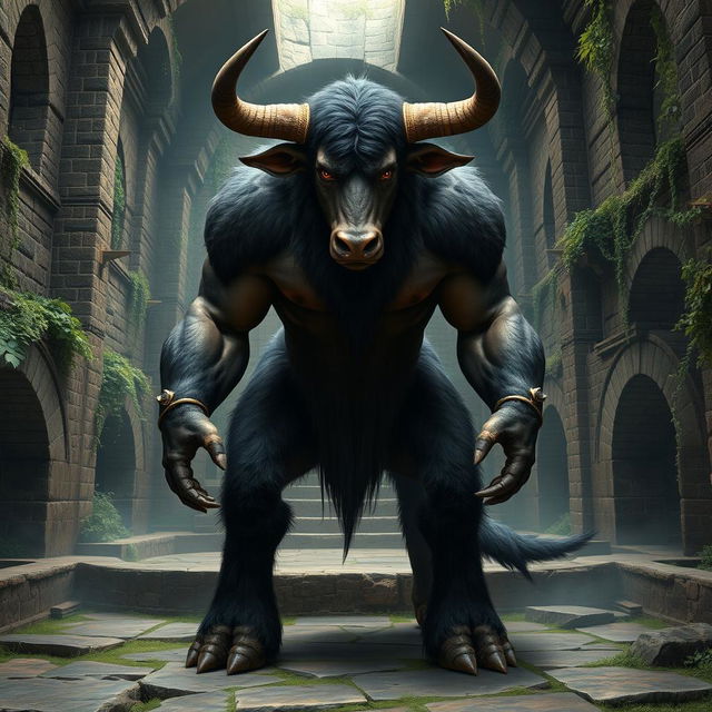 A realistic and detailed depiction of a Minotaur, standing 170 cm tall and weighing 94 kg