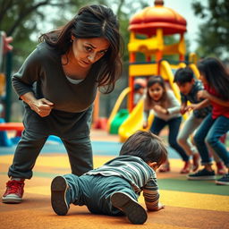 A deeply emotional scene showing a sad mother with a pained expression, her eyes wide with worry as she watches a group of bullies mercilessly attacking a young boy in a playground