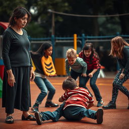 A deeply emotional scene showing a sad mother with a pained expression, her eyes wide with worry as she watches a group of bullies mercilessly attacking a young boy in a playground