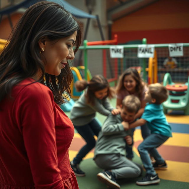 A deeply emotional scene showing a sad mother with a pained expression, her eyes wide with worry as she watches a group of bullies mercilessly attacking a young boy in a playground