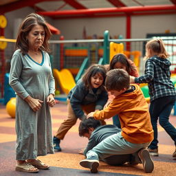 A deeply emotional scene showing a sad mother with a pained expression, her eyes wide with worry as she watches a group of bullies mercilessly attacking a young boy in a playground